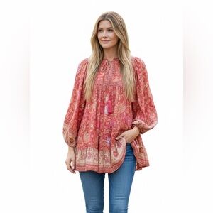 Rachel Zoe Pink Floral Tassel Peasant Top Women’s Size Small